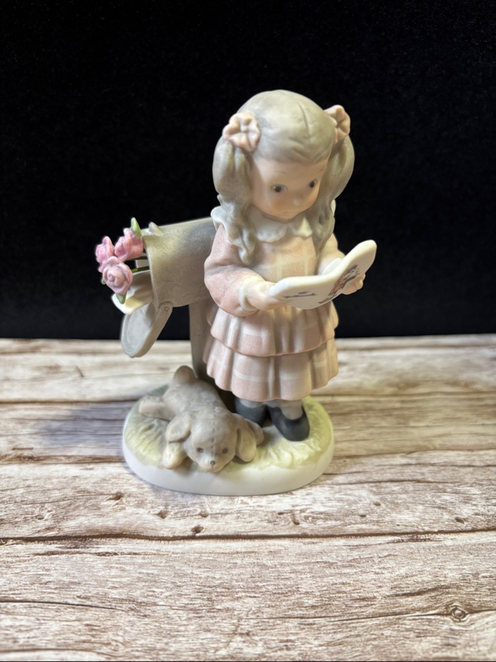 Enesco Porcelain Girl Figurine Reading with Dog and Mailbox - Pastel Pink 109